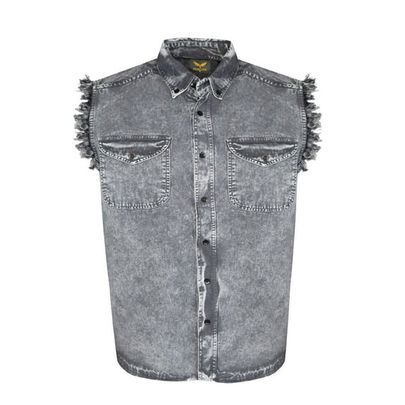 Dream Apparel Men's Biker Cuttoff Vest Denim/Cotton Shirt with Vintage and Frayed Sleeveless Look 2 Front Pockets
