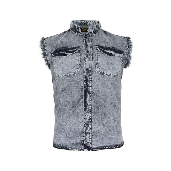 Dream Apparel Men's Biker Cuttoff Vest Denim/Cotton Shirt with Vintage and Frayed Sleeveless Look 2 Front Pockets
