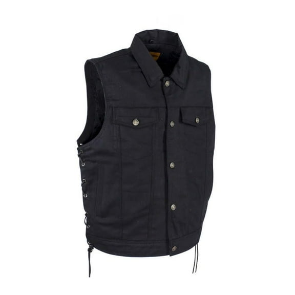 Dream Apparel Men’s Black Denim Motorcycle Vest with 6 Pockets & Side Laces