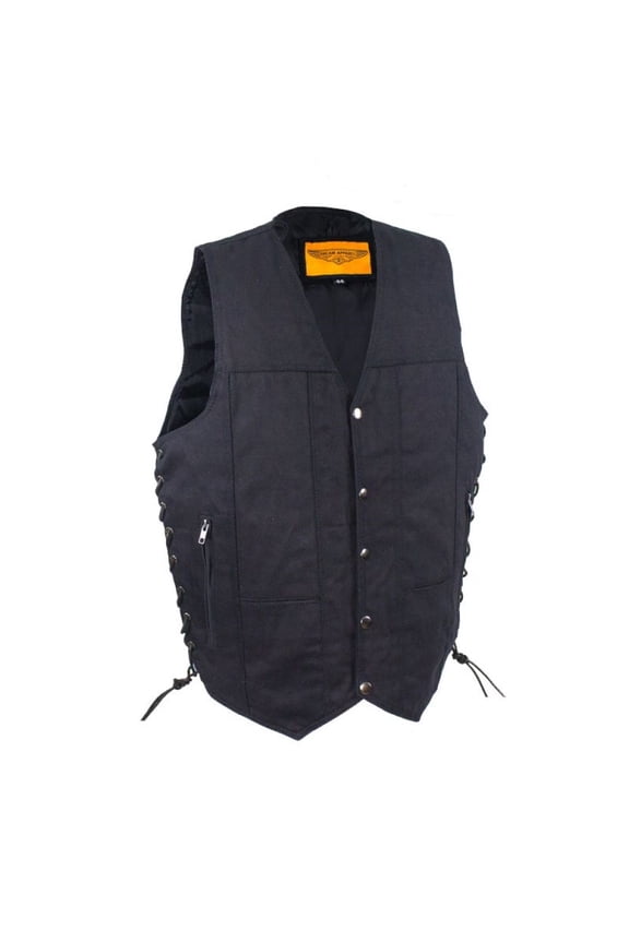 Men’s Black Denim Motorcycle Vest with 9 Pockets & Side Laces