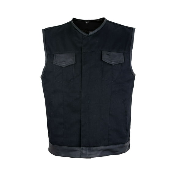 Dream Apparel Men’s Black Denim Motorcycle Vest with Leather Trims & Front Zipper