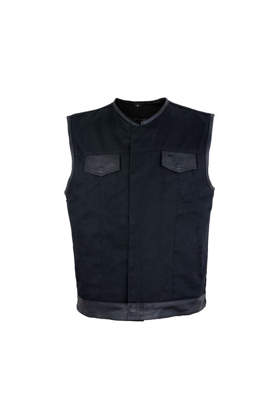 Men’s Black Denim Motorcycle Vest with Leather Trims & Front Zipper