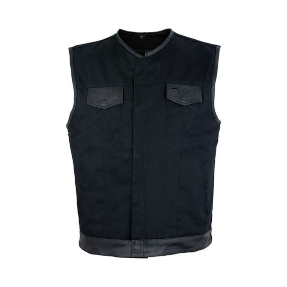 Dream Apparel Men’s Black Denim Motorcycle Vest with Leather Trims & Front Zipper