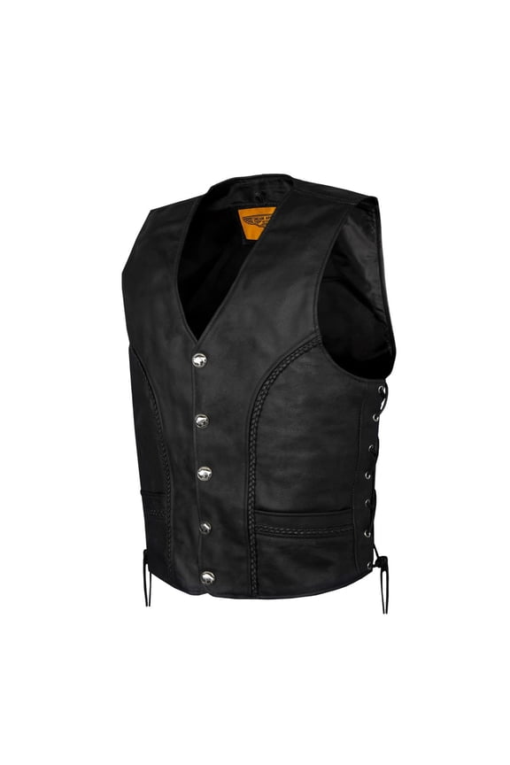 Men's Leather Motorcycle Vest Biker Club Vest with Buffalo Nickel Snaps & Side Laces