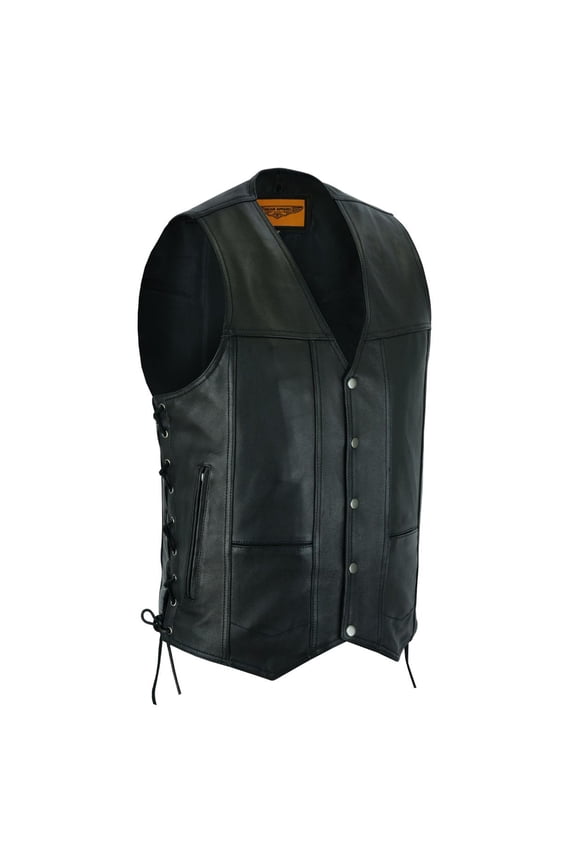 Men's Leather Motorcycle Vest Biker Club Vest with Ten Pockets & Side Laces