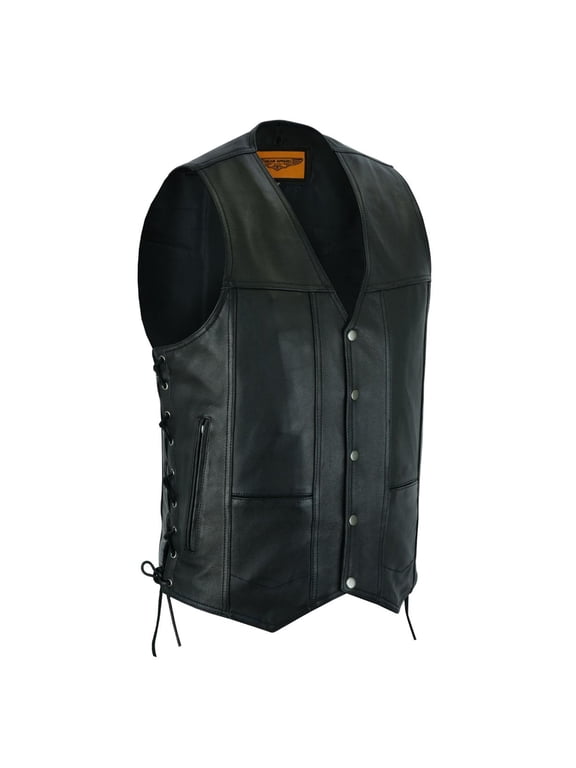 Men's Leather Motorcycle Vest Biker Club Vest with Pockets & Side Laces