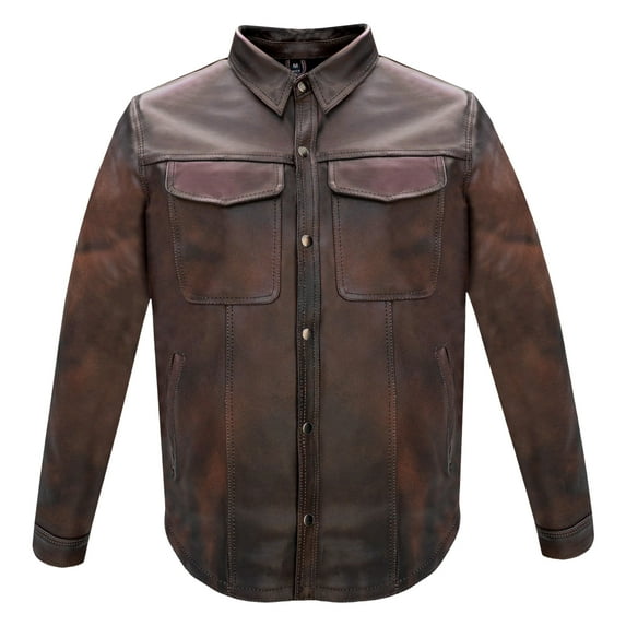 Dream Apparel Men's Motorcycle Biker Riding Leather Shirt Mens Light Weight Leather Shirt For Summer Riding Distressed Brown