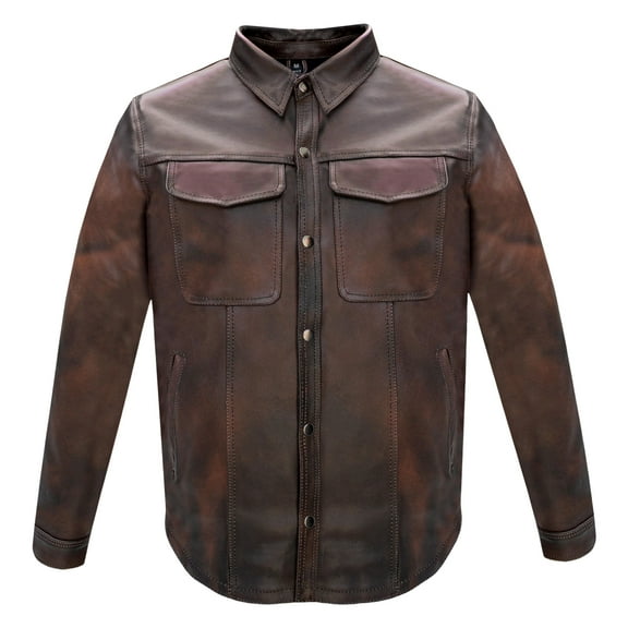 Dream Apparel Men's Motorcycle Biker Riding Leather Shirt Mens Light Weight Leather Shirt For Summer Riding Distressed Brown