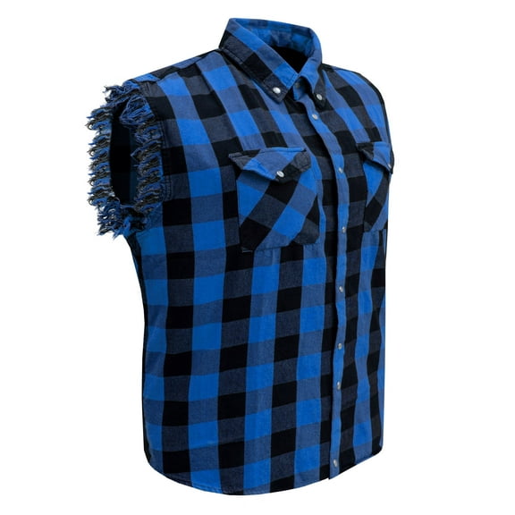 Dream Apparel Men's Sleeveless Flannel Shirt Black & Blue Sleek Design Cotton Shirt Frayed Sleeves