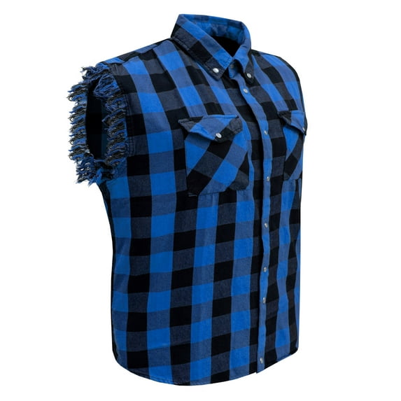 Dream Apparel Men's Sleeveless Flannel Shirt Black & Blue Sleek Design Cotton Shirt Frayed Sleeves