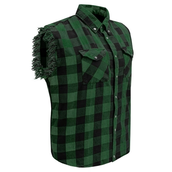 Dream Apparel Men's Sleeveless Flannel Shirt Black & Green Sleek Design Cotton Shirt Frayed Sleeves