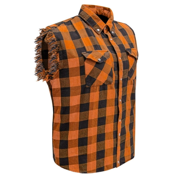 Dream Apparel Men's Sleeveless Flannel Shirt Black & Orange Sleek Design Cotton Shirt Frayed Sleeves