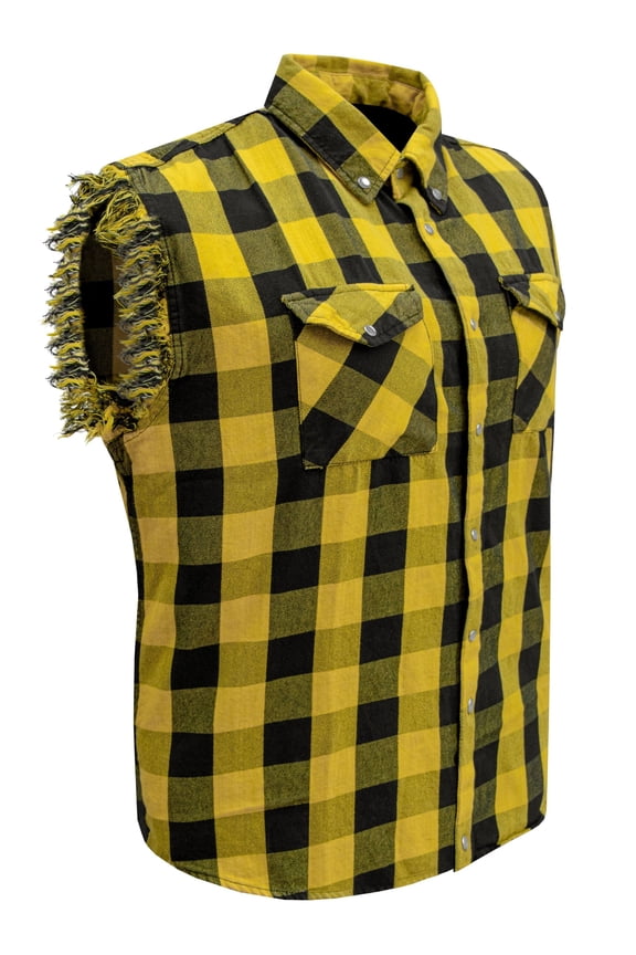 Men's Sleeveless Flannel Shirt Black & Yellow Sleek Design Cotton Shirt Frayed Sleeves