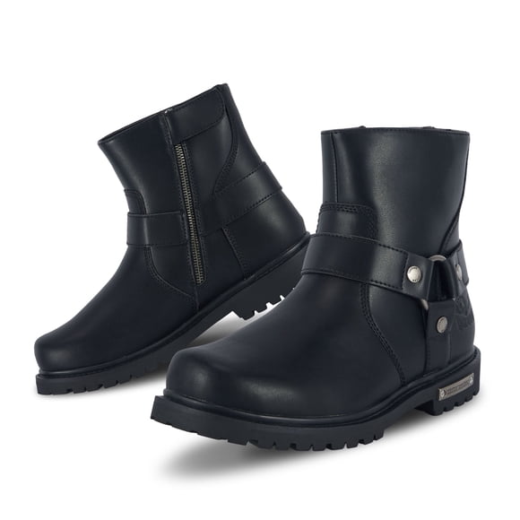 Dream Apparel Mens Motorcycle Boots with Side Zipper, Biker PU Leather Riding Boots, Ankle Booties, Black Square Toe Waterproof