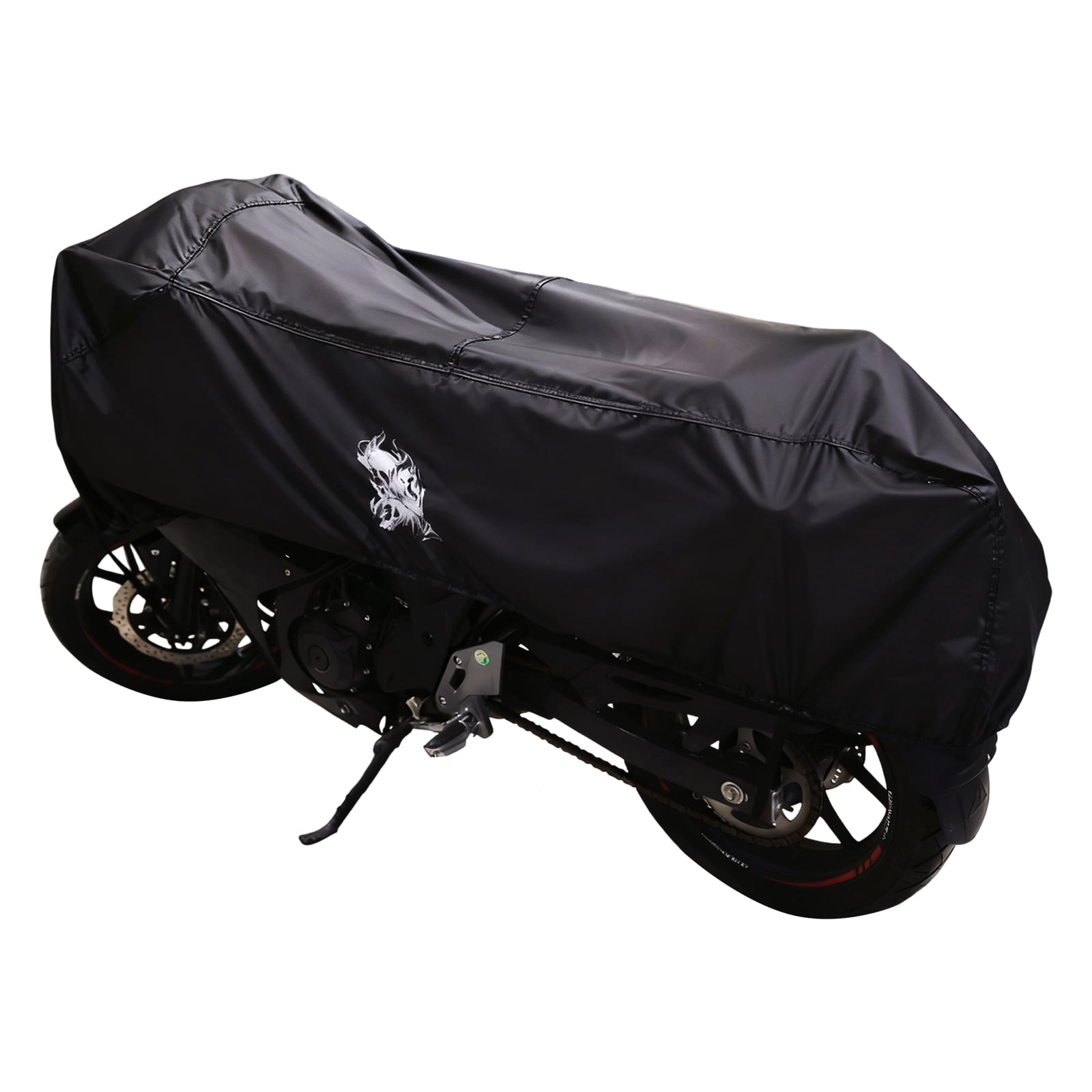 Dream Apparel Motorcycle Half Cover, Waterproof Motorcycle Cover for Outdoor, Rain Snow Dust Protection Universal Fit Heavy Duty Motorbike Vehicle Cover with Storage Bag, Black with Skull XL