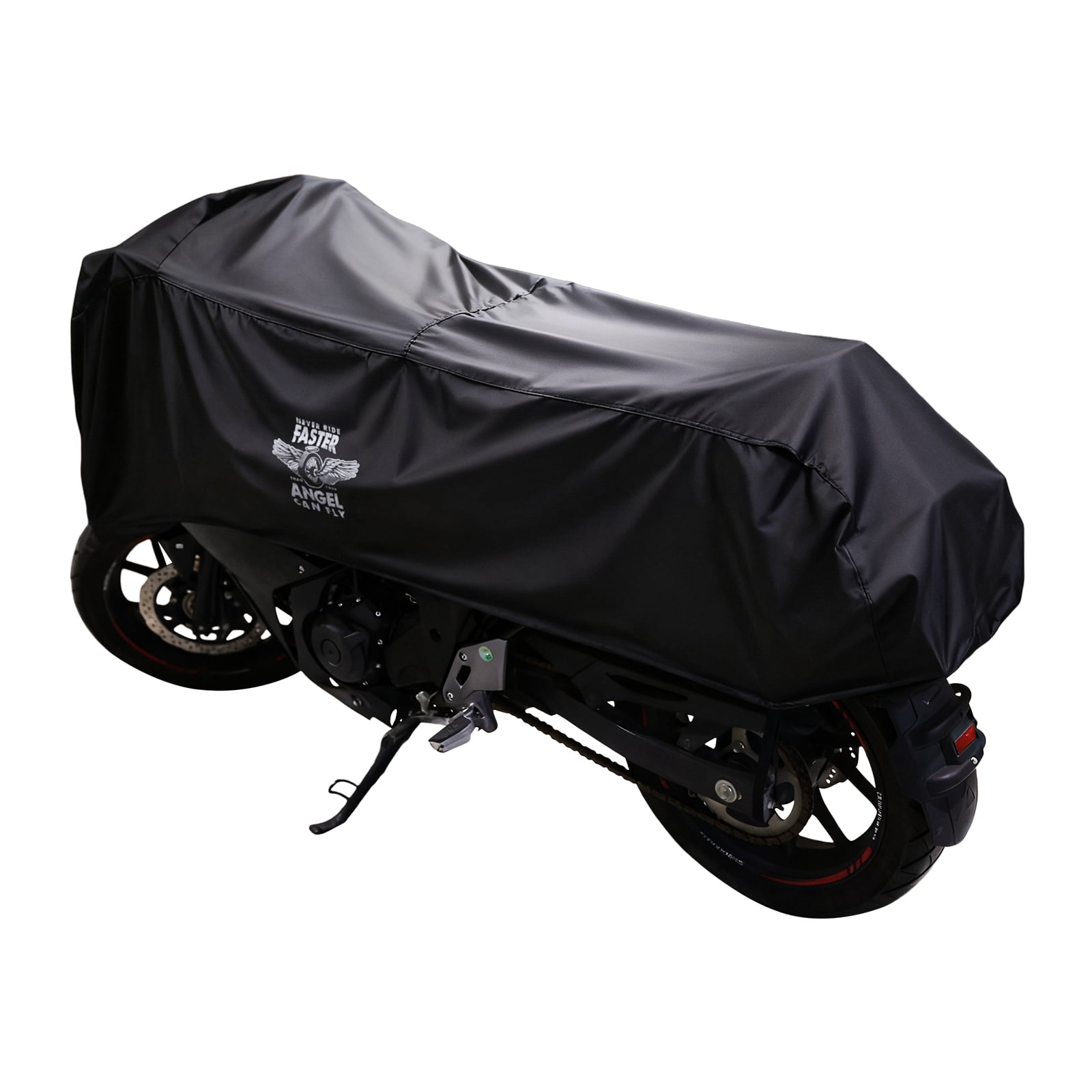 Dream Apparel Motorcycle Half Cover, Waterproof Motorcycle Cover for Outdoor, Rain Snow Dust Protection Universal Fit Heavy Duty Motorbike Vehicle Cover with Storage Bag, Black with Wing Wheel L