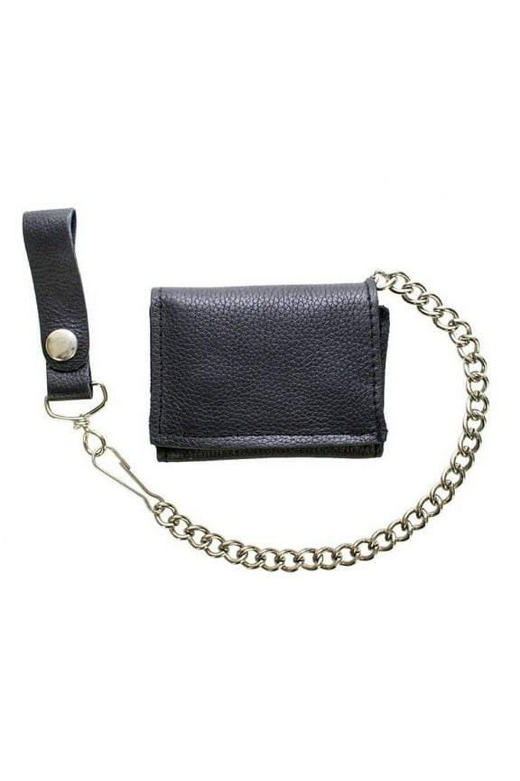 Tri-Fold Chain Wallet for Men and Women, Cowhide Leather Motorcycle Biker Wallet with Anti-Theft Steel Chain, Black ID Card Holder Trucker Wallet with Snap Closure
