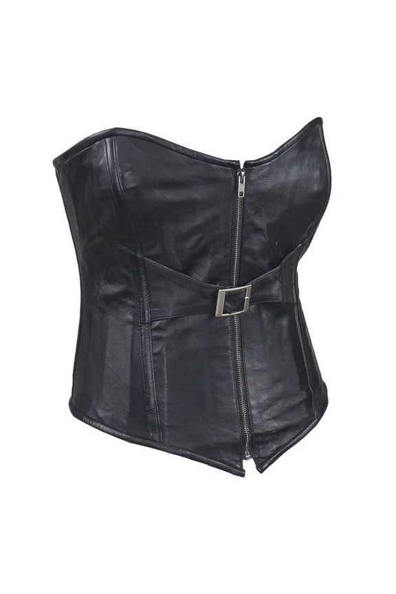 Women's Black Lambskin Leather Corset Lace up Tops Buckle-up Corset Zipper Bustier Steampunk Corset