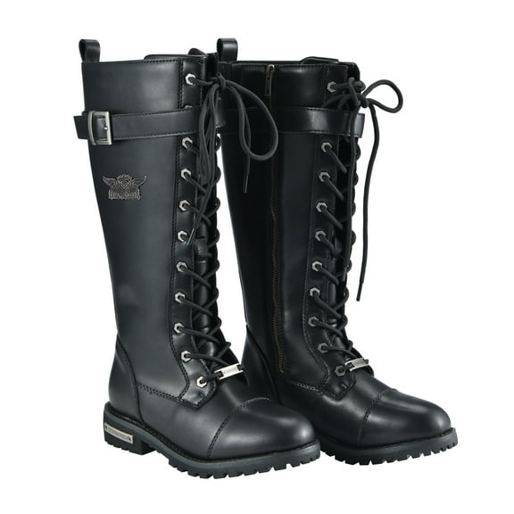Dream Apparel Women's Knee High Riding Combat Boots PU Leather Motorcycle Boots with Side Zipper Laced Up Wide Calf Boots