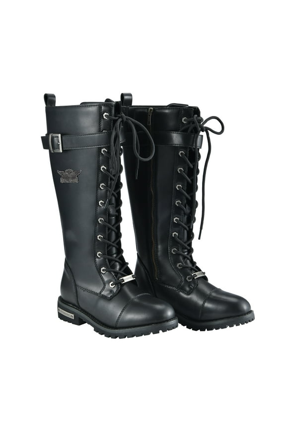 Women's Knee High Riding Combat Boots PU Leather Motorcycle Boots with Side Zipper Laced Up Wide Calf Boots