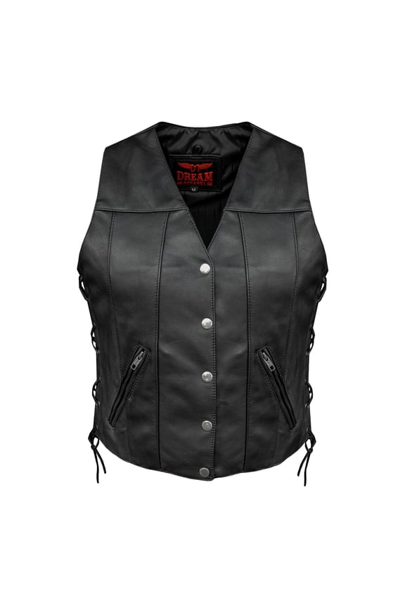 Womens Motorcycle Leather Vests for Biker Riding Vest With Side Laces genuine leather Black