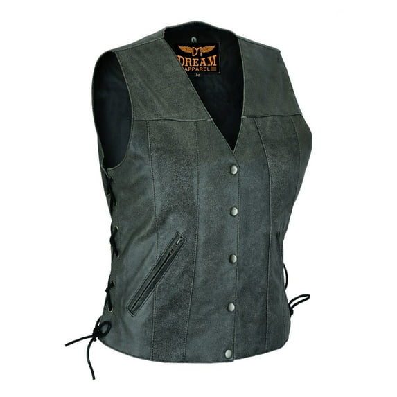 Dream Apparel Womens Motorcycle Leather Vests for Biker Riding Vest With Side Laces genuine leather Grey