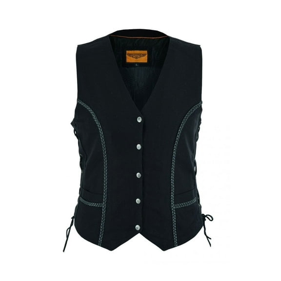 Dream Apparel Womens Motorcycle Vest Black Denim Vest for Ladies Biker Riding Slim Vest With Braid and Side Laces