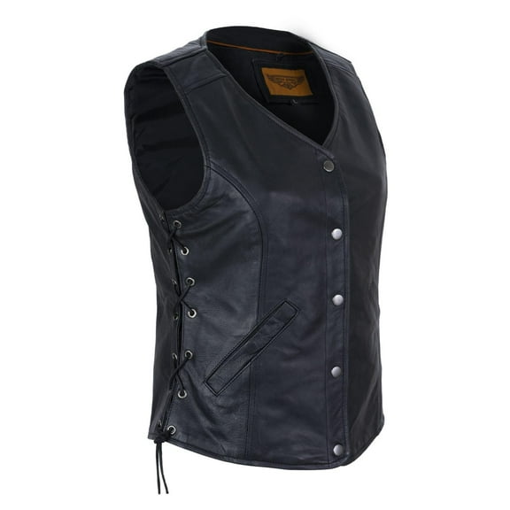 Dream Apparel Womens Motorcycle Vest Black Genuine Leather Vests for Ladies Biker Riding Longer Vest With Side Laces