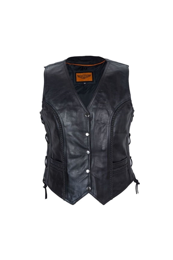 Womens Motorcycle Vest Black Genuine Leather Vests for Ladies Biker Riding Slim Vest With Braid and Side Laces