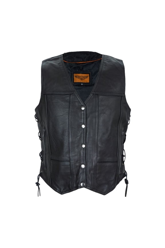 Womens Motorcycle Vest Cowhide Leather Vests for Ladies Biker Riding Vest With 7 Pockets Side Laces Black