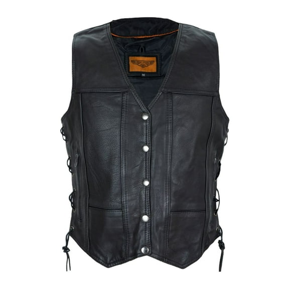 Dream Apparel Womens Motorcycle Vest Cowhide Leather Vests for Ladies Biker Riding Vest With 7 Pockets Side Laces Black