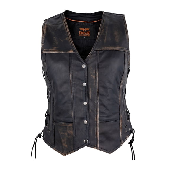 Dream Apparel Womens Motorcycle Vest Cowhide Leather Vests for Ladies Biker Riding Vest With 7 Pockets Side Laces Distressed Brown