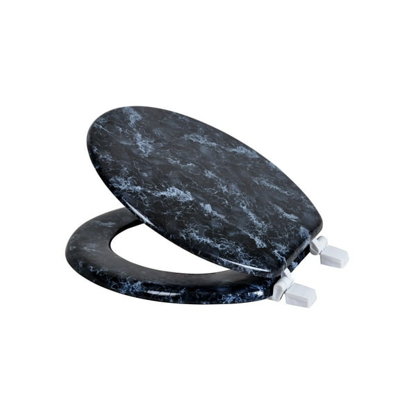 Dream Bath Heavy Duty Round Toilet Seat with non-slip seat and quick-attach easy install hardware, Marbleized Wood Black