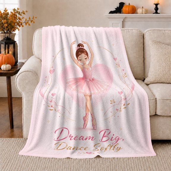 Dream Big Dance Softly Ballerina Motivation, Cozy Typography Art Scene, Warm Flannel Blanket for Living Room and Reading Nook, Art Lovers Valentine's Day Gift, Artistic Home Decor