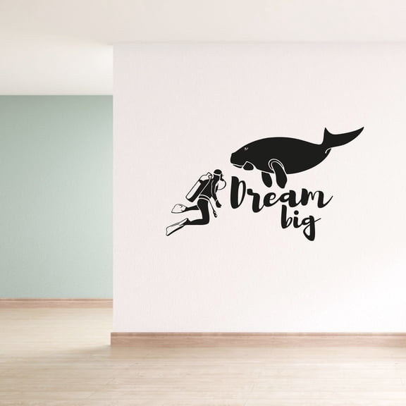 Dream Big Life Inspiration Quote Scuba Diver Whale Playing Silhouette Vinyl Wall Art Wall Sticker Wall Decal Underwater Diving Home Kids Pool Area Living Room Boys Girls Décor Design Size (8x10 inch)
