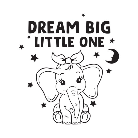 Dream Big Little One Cute Cartoon Elephant Kids Room Wall Decor Wall Art Sticker Designs Vinyl Stickers For Home House Walls Rooms Windows Bedroom Decoration Size (12x12 inch)