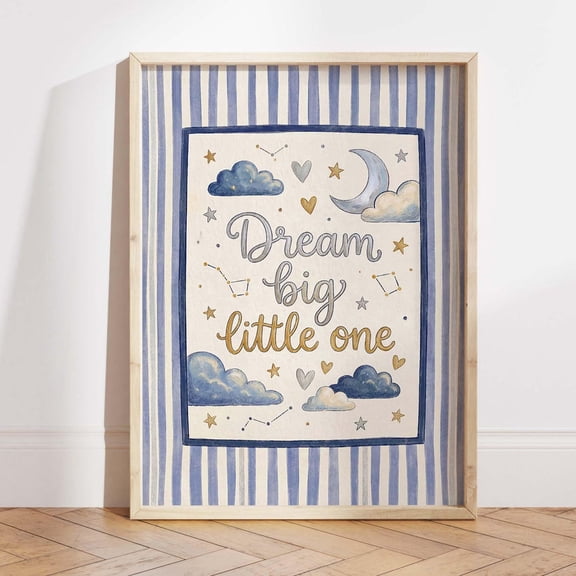 Dream Big Little One Nursery Moon Stars Blue Wall Decor, Unframed Canvas 16x20in