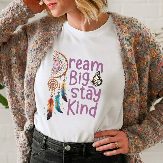 Dream Big Stay Kind Shirt, Motivational Shirt, Kindness Shirt, Positive Vibes Shirt, Dream Big Dreamcatcher Shirt, Inspiring T-shirt (Colors:Dark Grey Heather; Sizes:2XL;)