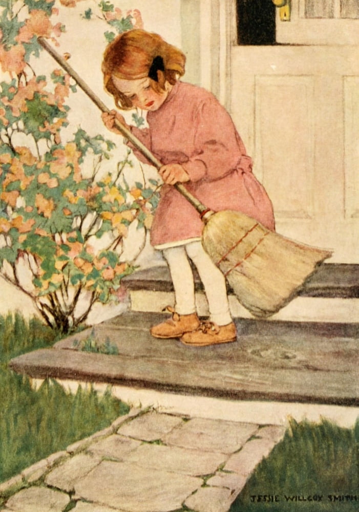 Dream Blocks 1908 Sweeping the doorstep Canvas Art - Jessie Willcox Smith (24 x 36)