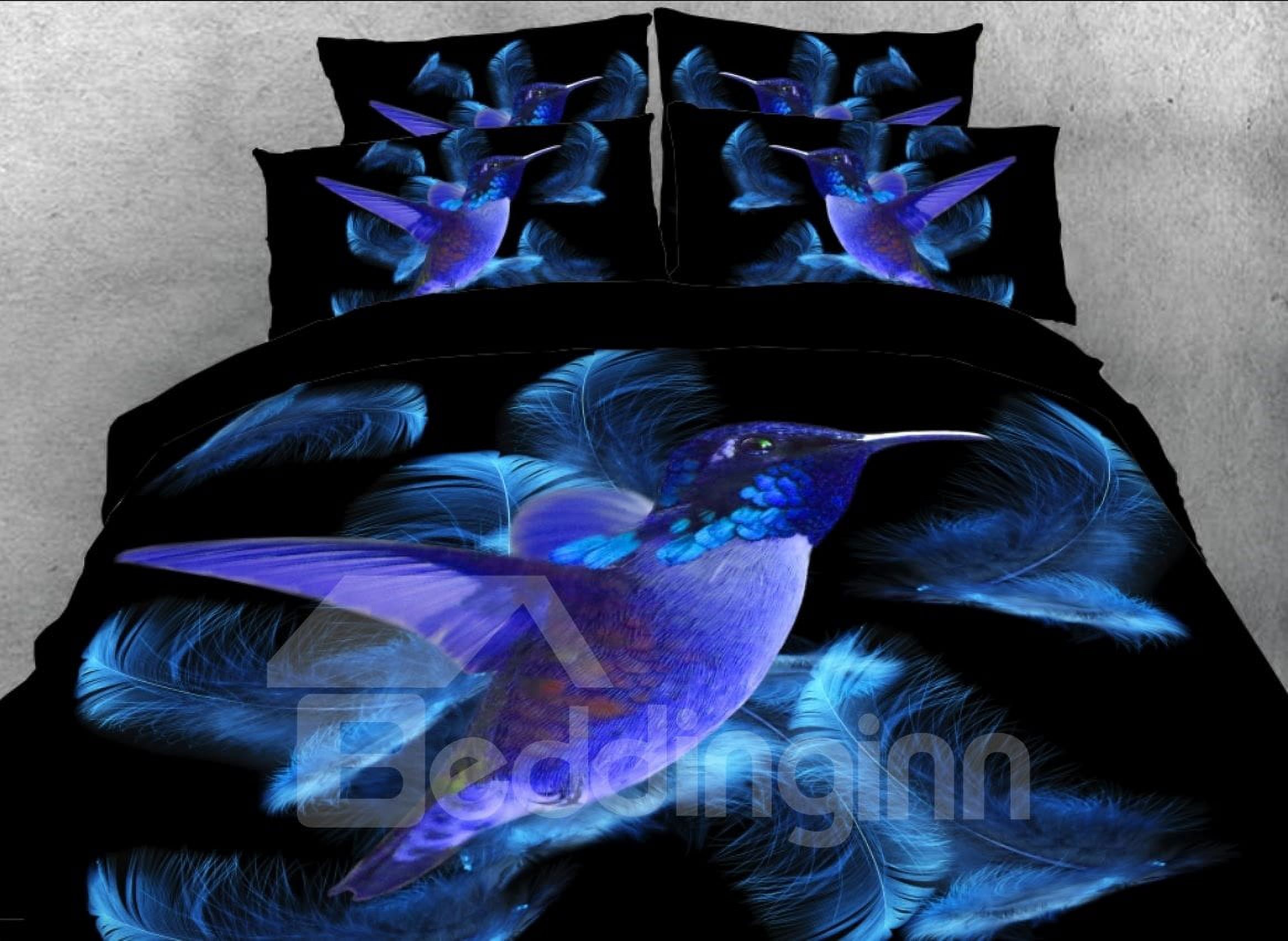 Dream Blue Hummingbird Printed 4Piece Duvet Cover Set with Flat Sheet 2 Pillowcases, Polyester