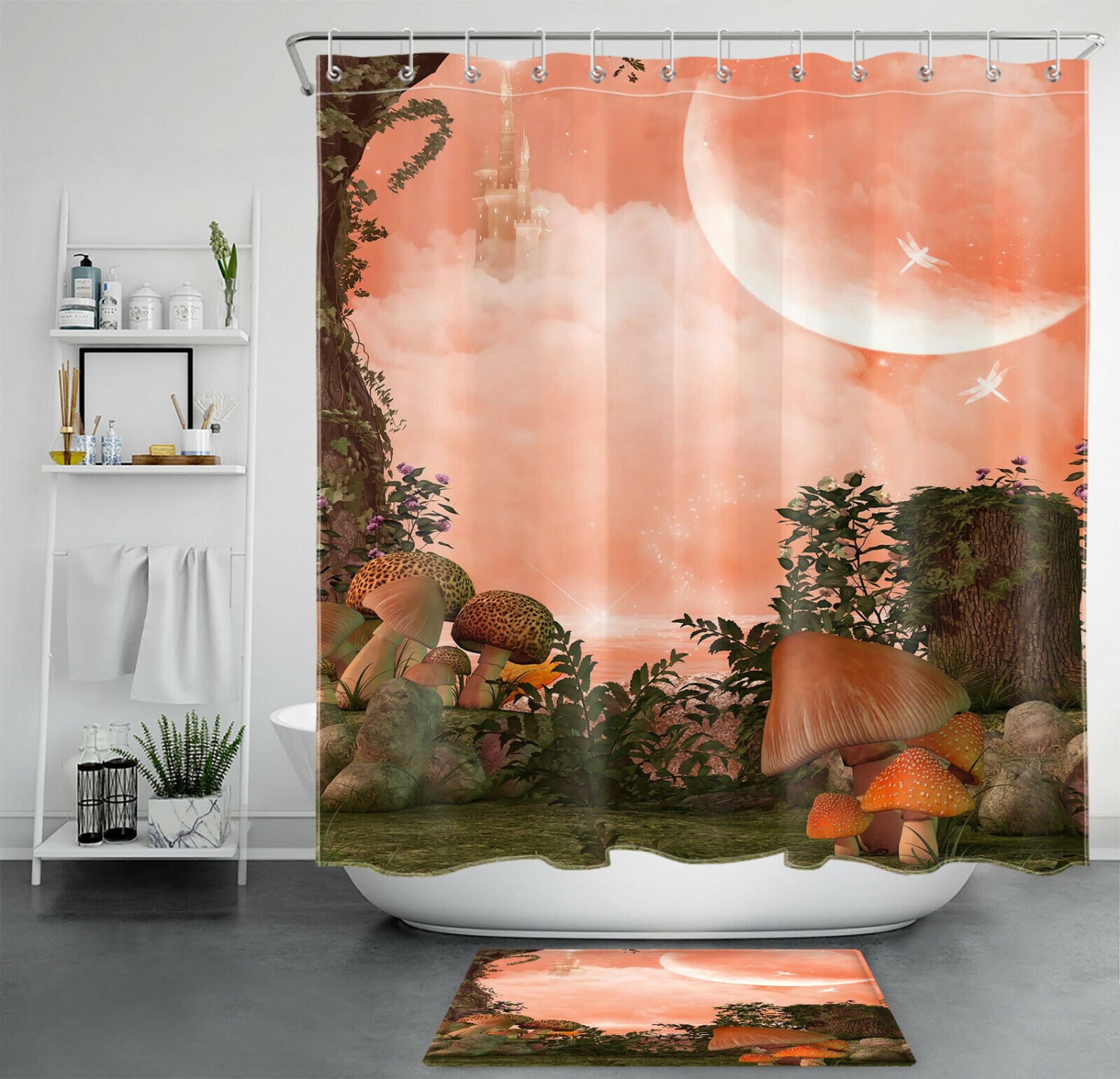 Dream Castle Mushroom Shower Curtain Plant Flower Forest Set for