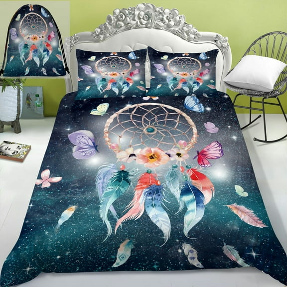 Dream Catcher Bedding Set Bed Set Bohemian Colorful Feather 3D Bedding Set Duvet Cover Set,King (90"x104")
