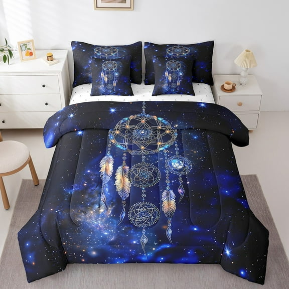 Dream Catcher Bedding Set Navy Blue Galaxy Glitter King Comforter Set,Womman Bohemian Style Feather Bed In A Bag Extoic Hoho Decor Bed Set Dreamcatcher Ribal Bed Sheets Set