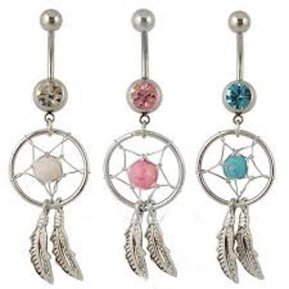 # Dream Catcher CZ Dangle Belly Ring 14G (1.6MM) #31 (Silver with Pink Stone)