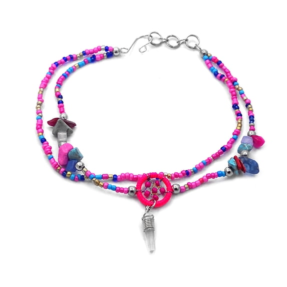 Dream Catcher Clear Quartz Crystal Dangle Chip Stone Seed Beaded Multi Strand Anklet - Womens Southwest Fashion Handmade Jewelry Boho Accessories