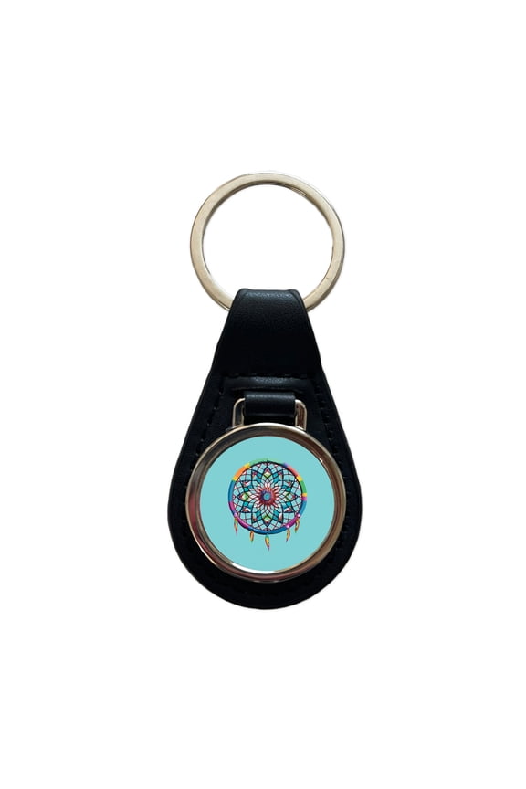 Dream Catcher Colorful Feathers Metal Black Leather Keychain