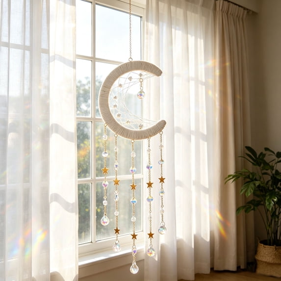 Dream Catcher Crystal Suncatcher, Boho Crystal Prism Sun Catcher, Moon Rainbow Maker for Bedroom Living Room Wall Decor