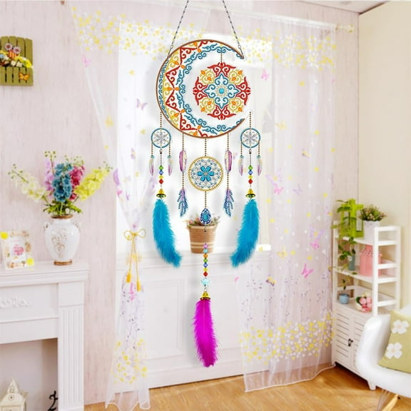 Dream Catcher Diamond Art Painting 5D Kit, 23.4" Boho Wall Hanging with Feathers & Beads,Good Luck Gift