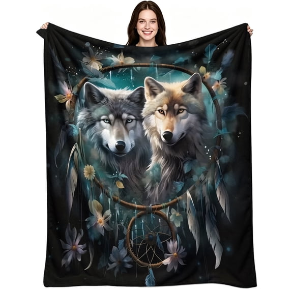 Dream Catcher Double Wolf Pattern, Soft Warm Flannel Fleece, Aesthetic Wildlife Bohemian, Throw Blanket, Cozy Warm, Home Decor, Couch Bed, Cat Lovers Gift