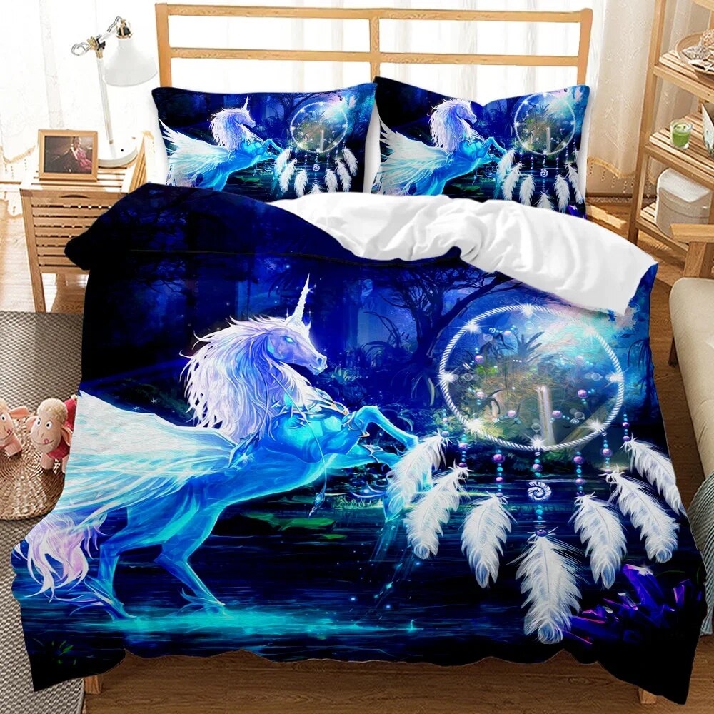 Dream Catcher Duvet Cover Set White Horse Forest Dream Catcher Blue